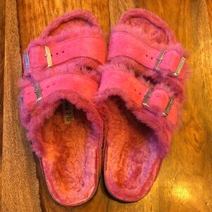 Birkenstock Pink Fuzzy Double-Buckle Slide Sandals